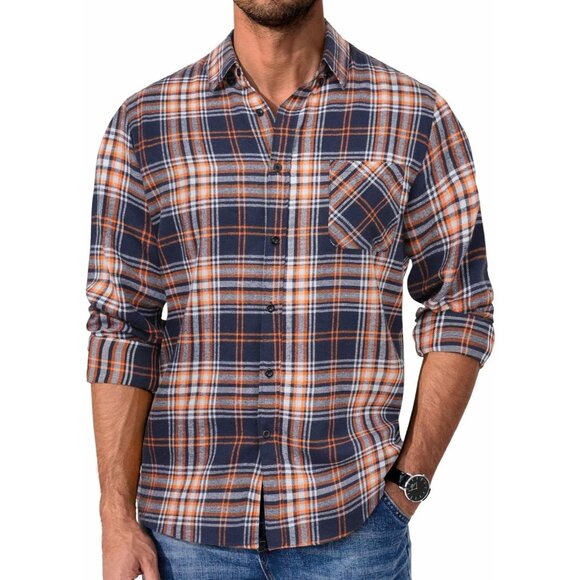 Men's Orange Flannel Shirt Long Sleeve Plaid Button Down Shirt Casual Shirt